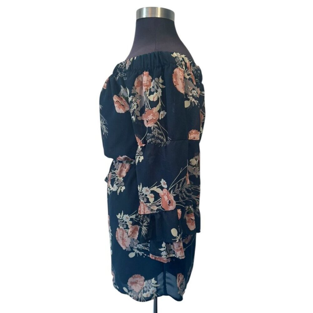 Indulge Blue Floral‎ Dress Size XL off Shoulder Mini Dress Lined sheer boho - Picture 4 of 11